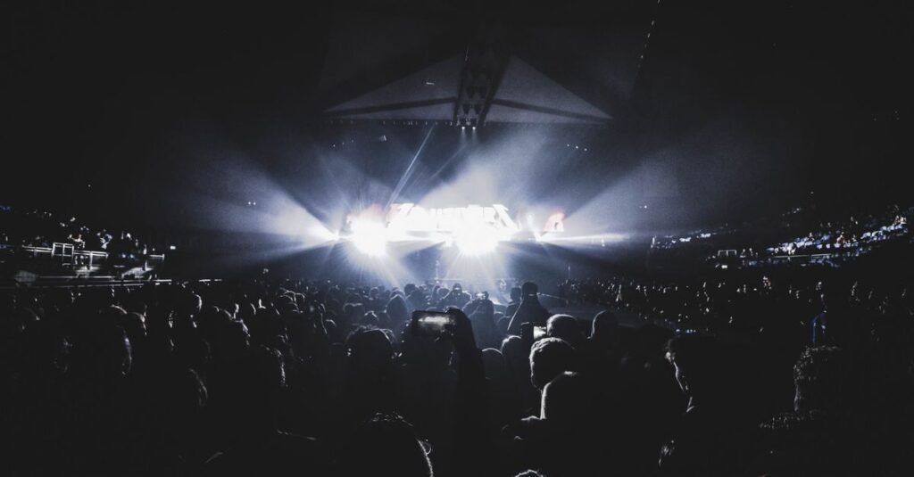 Público em show noturno com luzes de palco em arena