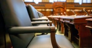 Cadeiras de couro e bancada de madeira em sala de tribunal vazia