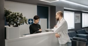 Recepção de clínica médica com atendente e paciente no balcão