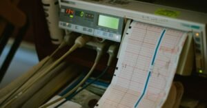 Monitor hospitalar com traçado de eletrocardiograma impresso em papel milimetrado
