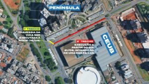 Mapa aéreo de Águas Claras com os dois trechos da obra de esgoto na Avenida das Araucárias