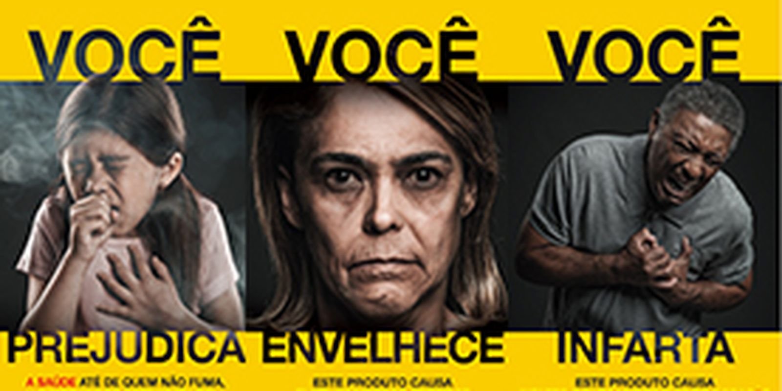 Painel com as advertências sanitárias usadas em maços de cigarro no Brasil