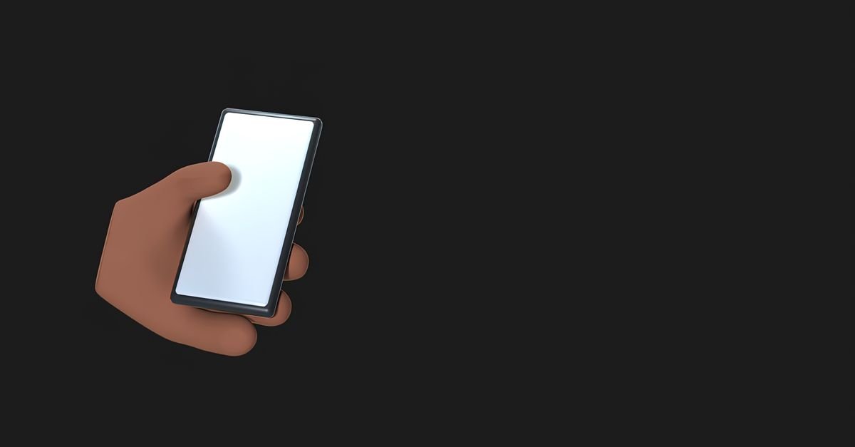 Ilustração de mão segurando celular com a tela acesa sobre fundo escuro