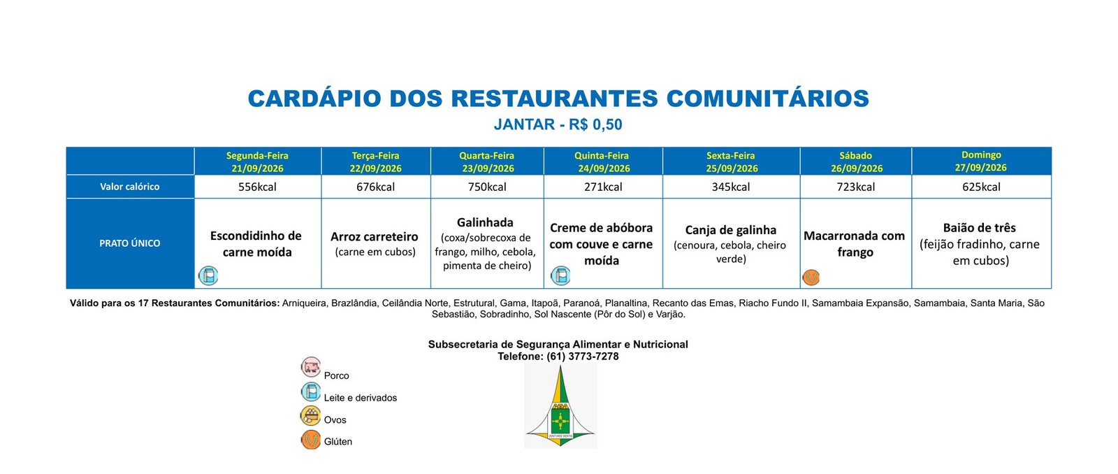Tabela oficial do cardápio de jantar dos Restaurantes Comunitários do DF de 21 a 27 de setembro, válida para 17 unidades
