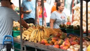Barraca de feira com bananas, mangas e laranjas expostas em caixas