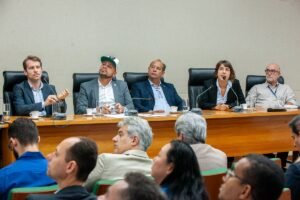 Mesa de reunião na Câmara Legislativa do Distrito Federal, com parlamentares e convidados diante de plateia