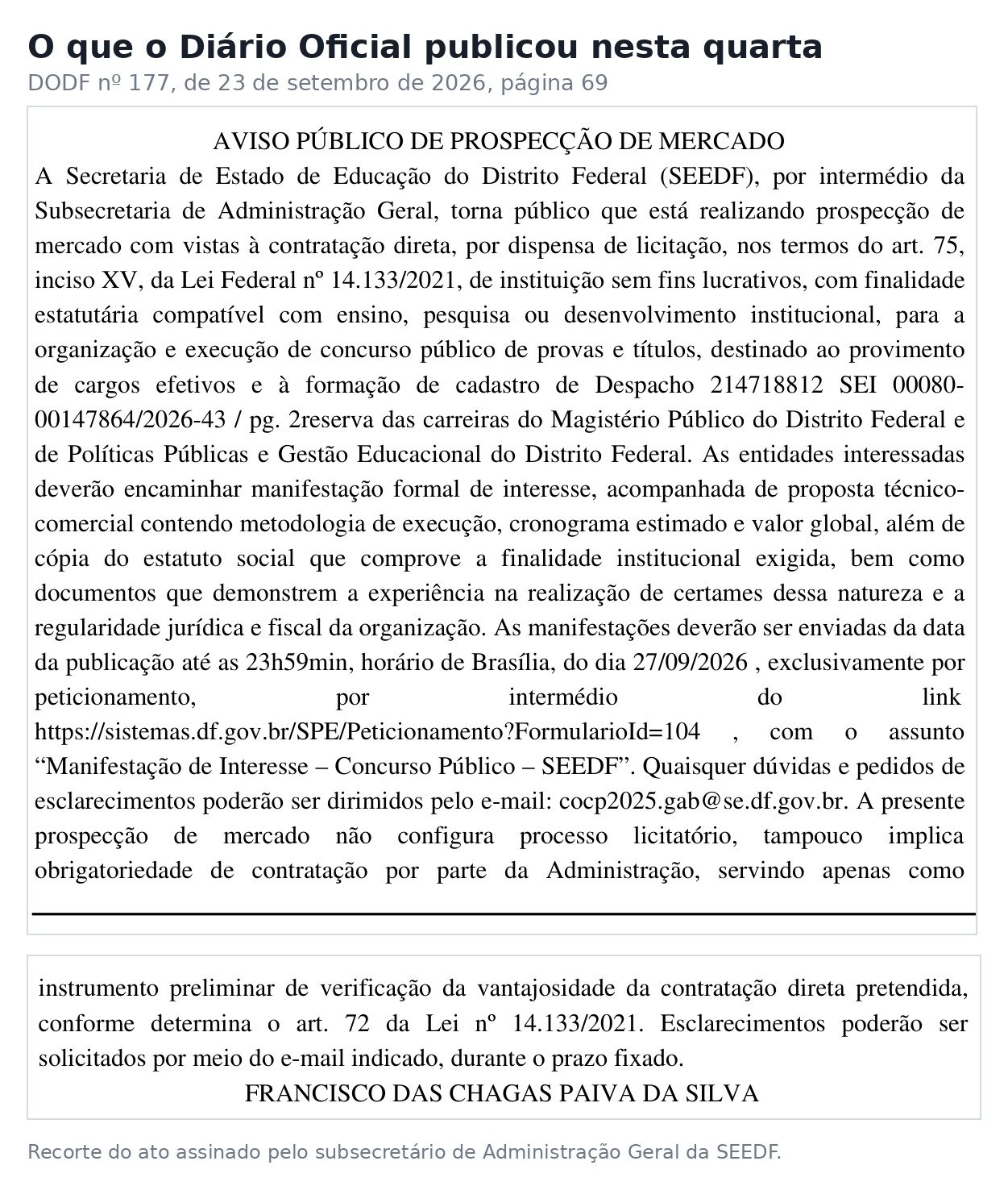 Recorte do Diário Oficial do DF com o aviso público de prospecção de mercado da Secretaria de Educação