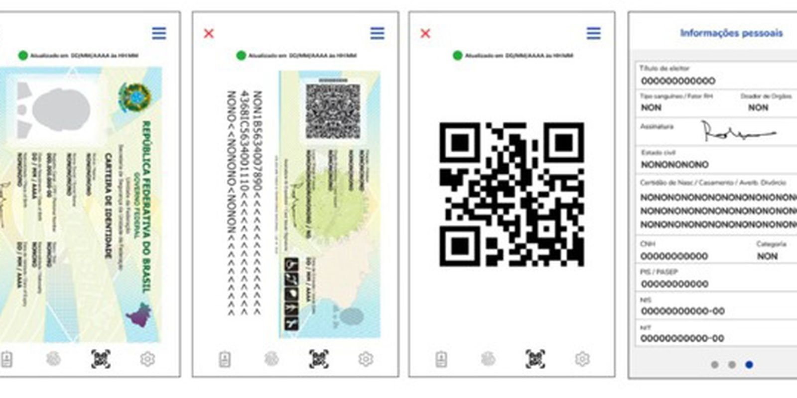 Telas do aplicativo gov.br com a Carteira de Identidade Nacional digital e o QR code do documento