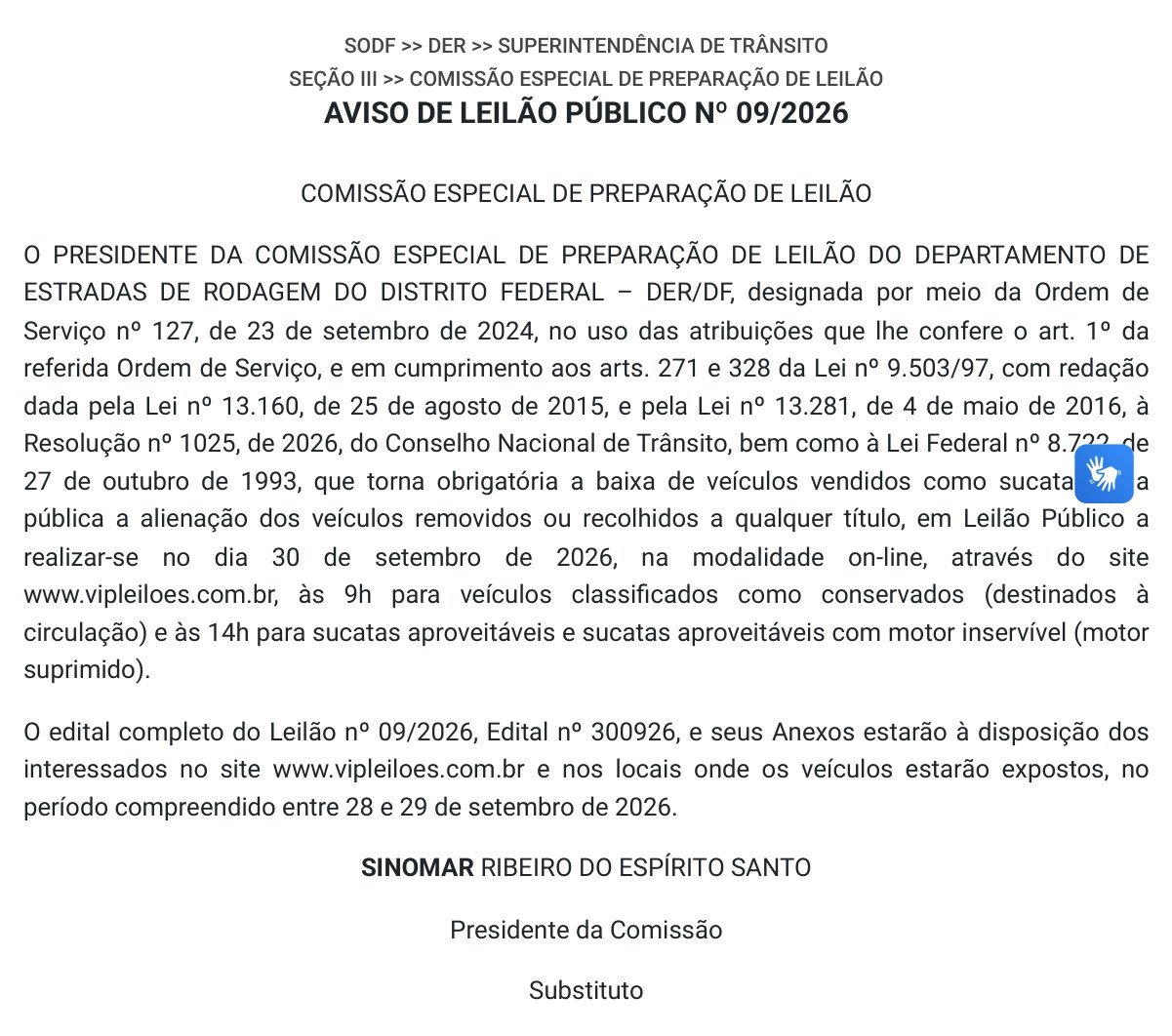 Trecho do Diário Oficial do DF com o Aviso de Leilão Público nº 09/2026 do DER-DF