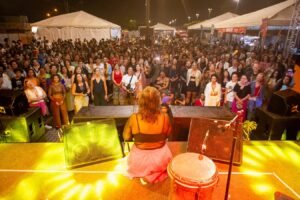 Público lotado assiste a apresentação vista do palco, à noite, em festival ao ar livre