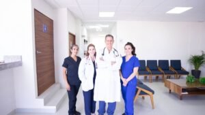 Equipe de saúde em sala de espera de unidade de atendimento médico