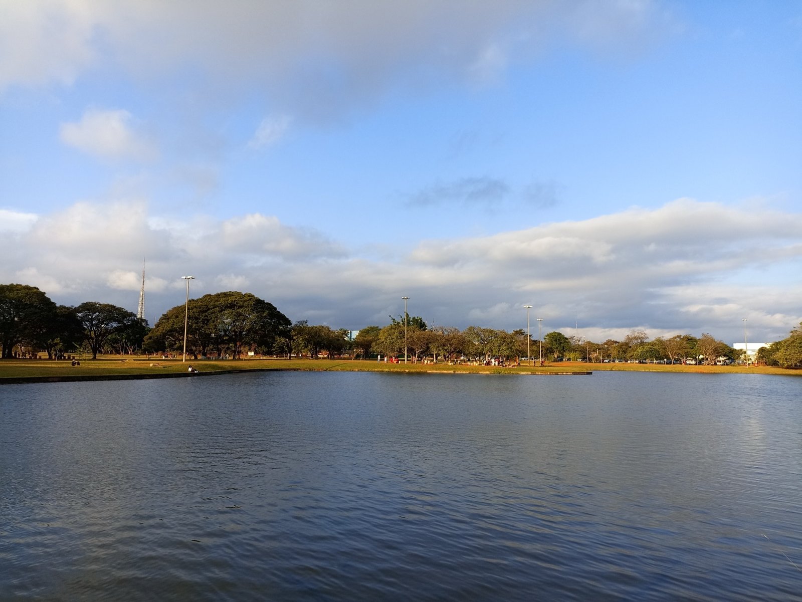Lago do Parque da Cidade Sarah Kubitschek, em Brasília, com árvores na margem e a Torre de TV ao fundo