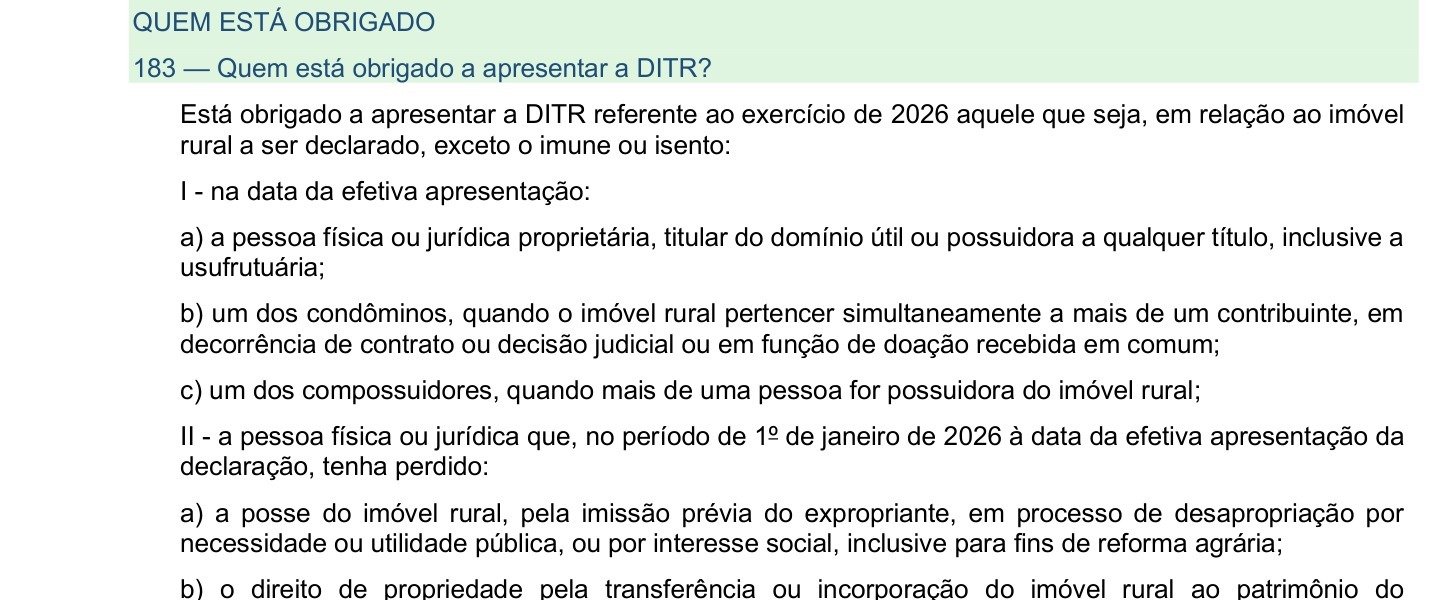 Página do manual do ITR 2026 da Receita Federal com a resposta sobre quem é obrigado a apresentar a DITR