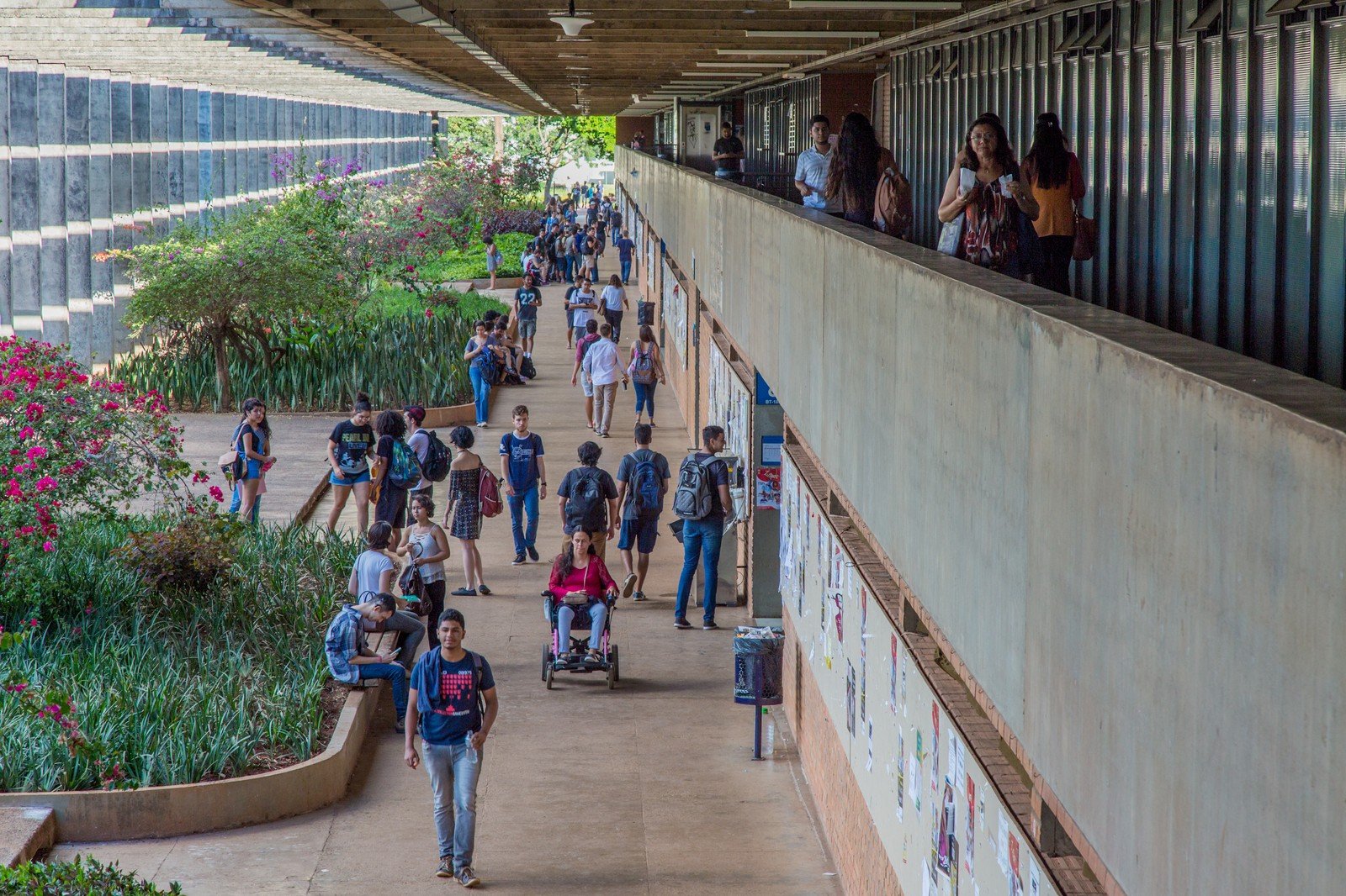 Estudantes universitários caminham pelo corredor do Instituto Central de Ciências, o Minhocão, no campus da Universidade de Brasília