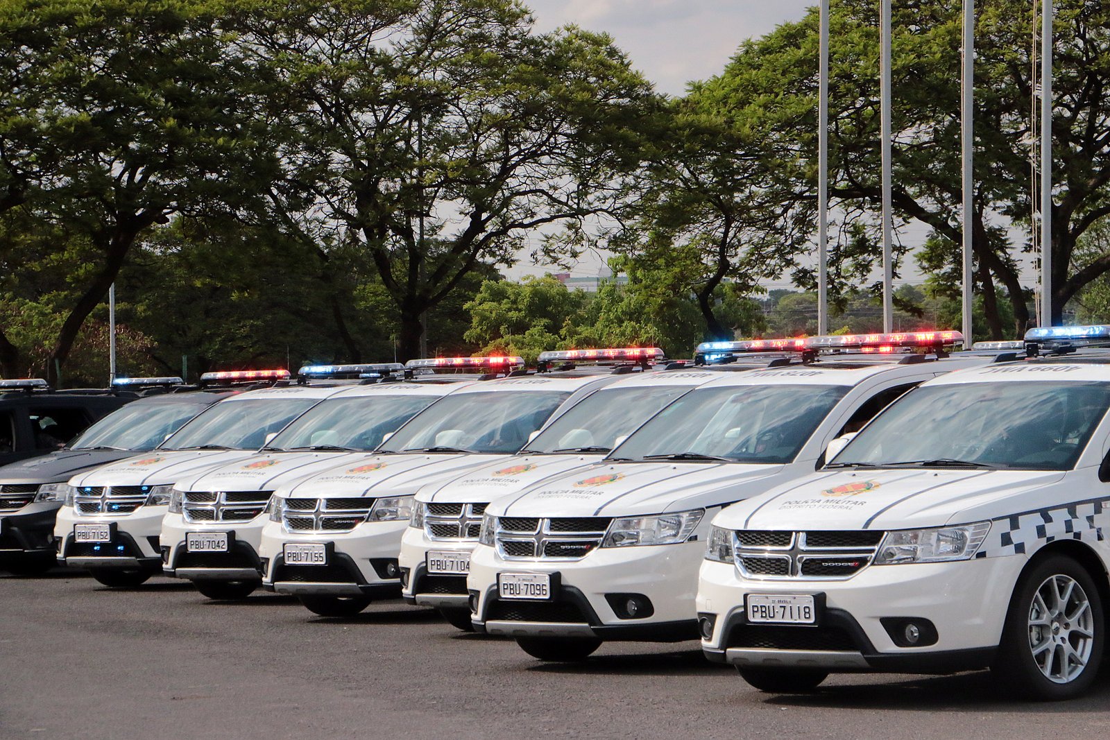 Fileira de viaturas brancas da Polícia Militar do Distrito Federal estacionadas com giroflex ligado
