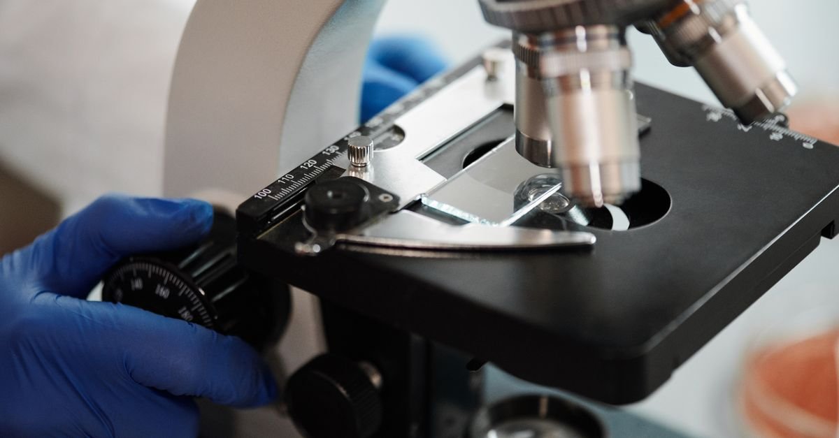 Mão com luva azul ajustando o foco de um microscópio de laboratório