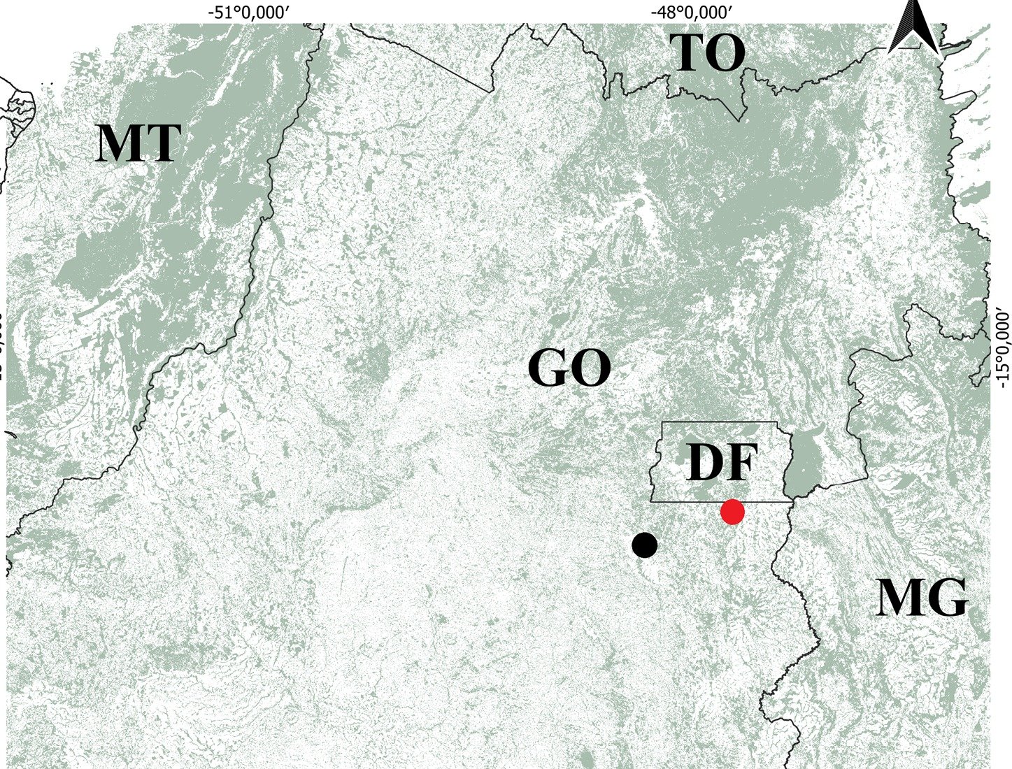 Mapa do Cerrado central com o Distrito Federal no centro e dois pontos marcando as localidades da rã em Luziânia