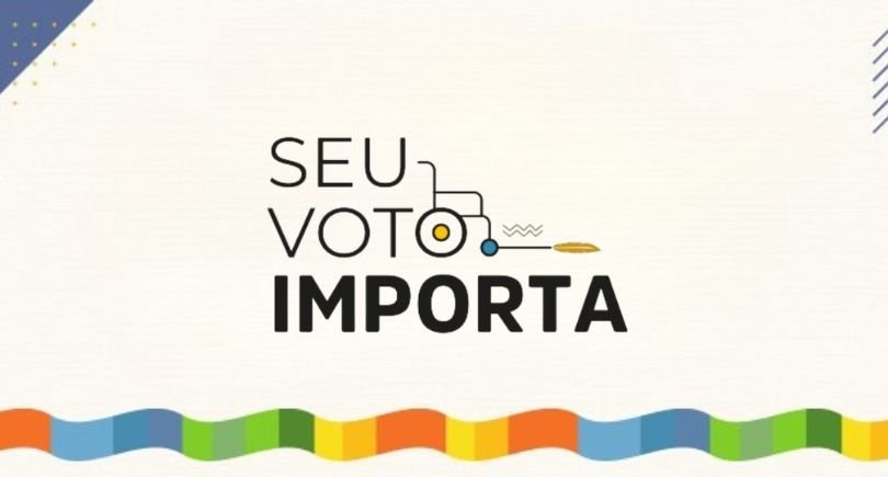 Arte do programa Seu Voto Importa, do TRE-DF, com uma cadeira de rodas desenhada na letra O da palavra VOTO