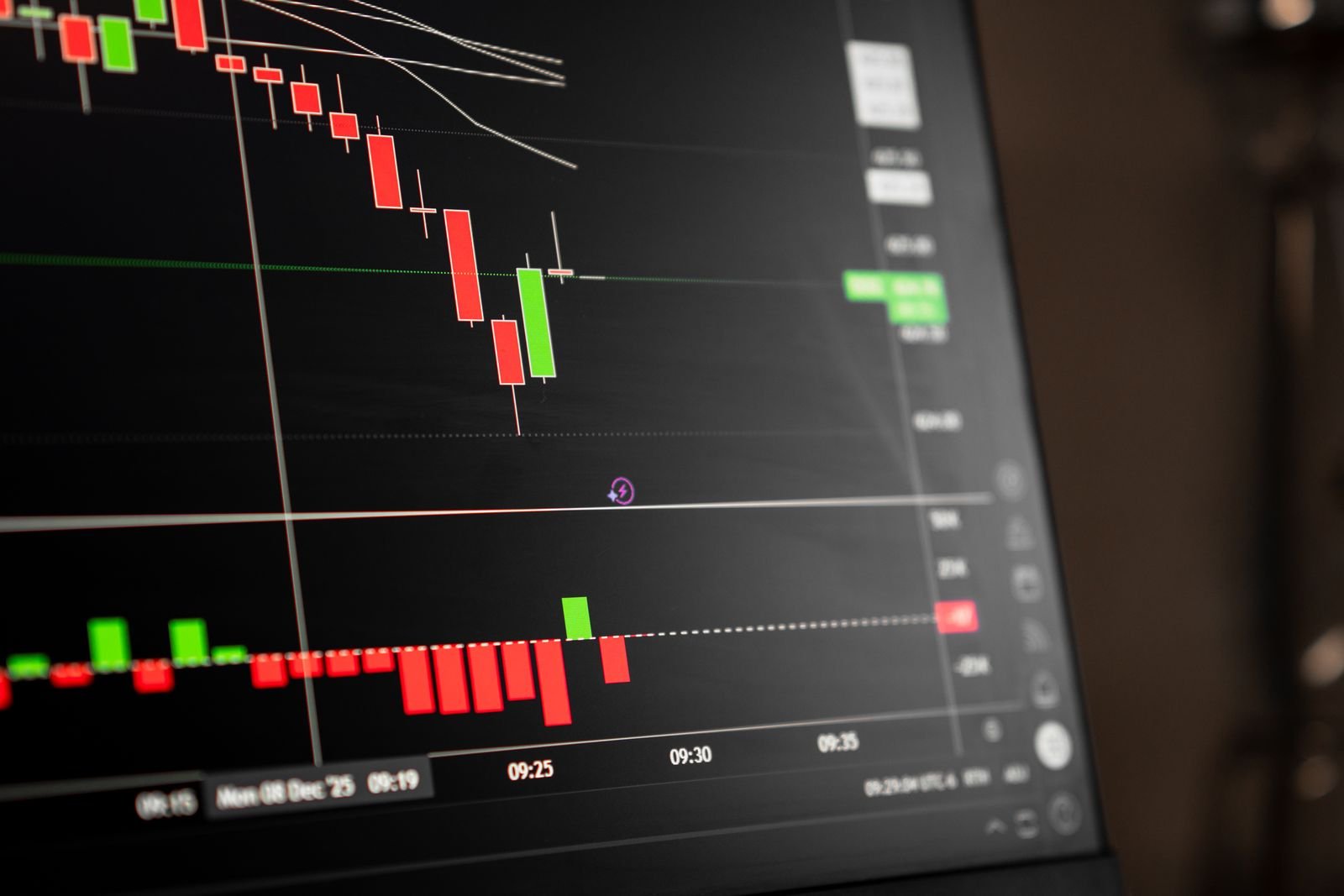 Tela de negociação com gráfico de candles vermelhos em queda, imagem ilustrativa do mercado financeiro