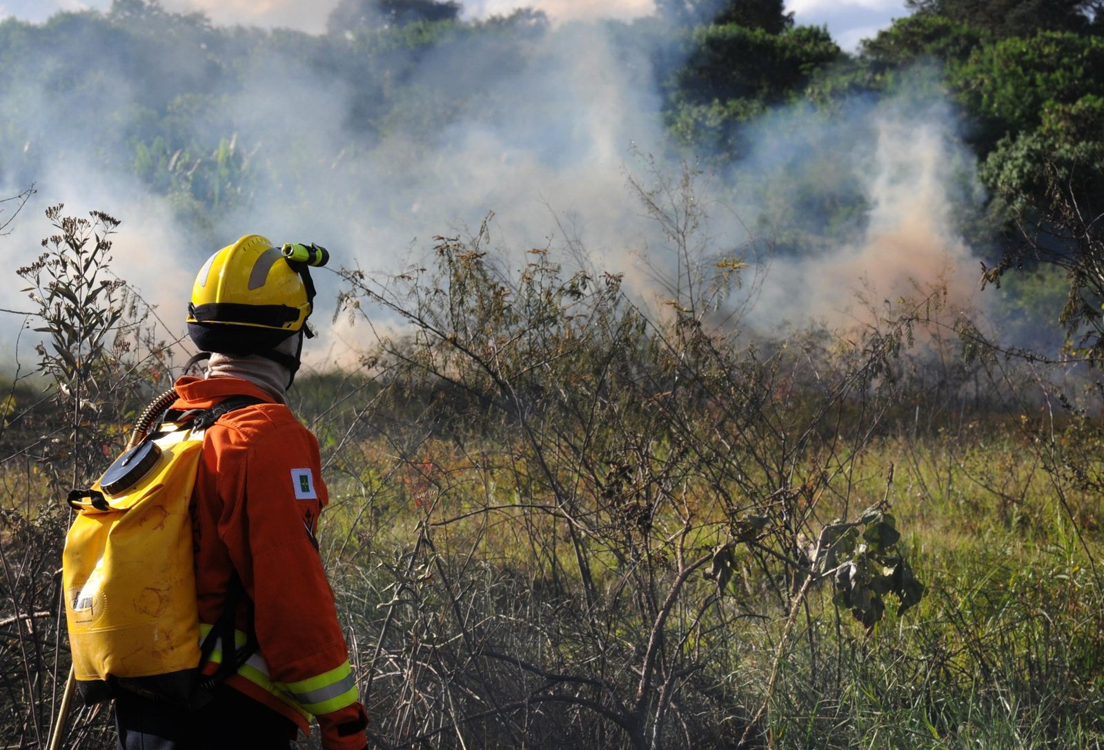 Bombeiro militar do DF observa fumaça de incêndio em vegetação seca no Lago Sul, em foto de arquivo de 2015