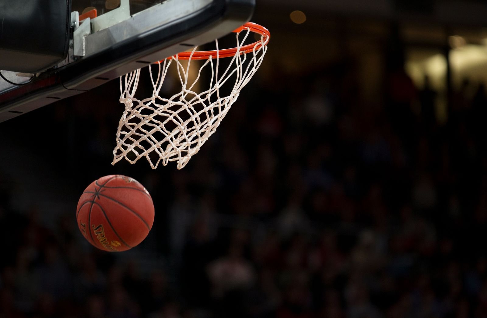 Bola de basquete caindo após cesta, com a rede da cesta em primeiro plano e torcida desfocada ao fundo (foto de banco de imagens)