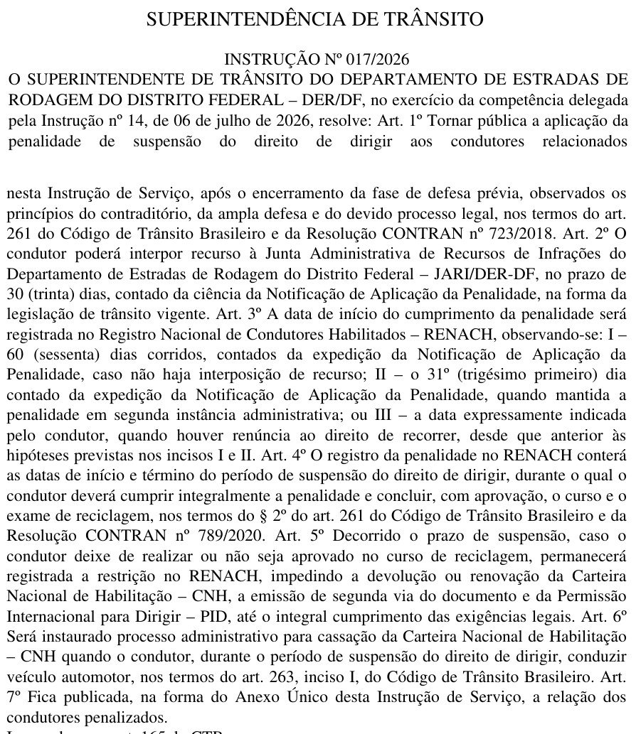 Trecho da página 5 do Diário Oficial do DF de 20 de outubro de 2026 com os artigos da Instrução nº 017/2026 da Superintendência de Trânsito do DER-DF