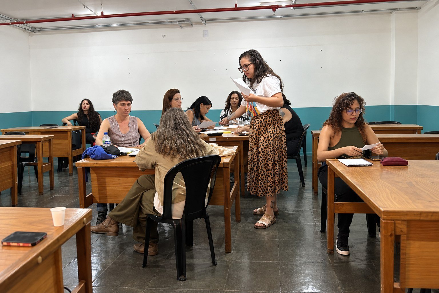 Participantes sentados em mesas de madeira durante aula de capacitação no EIXO, no Setor Comercial Sul