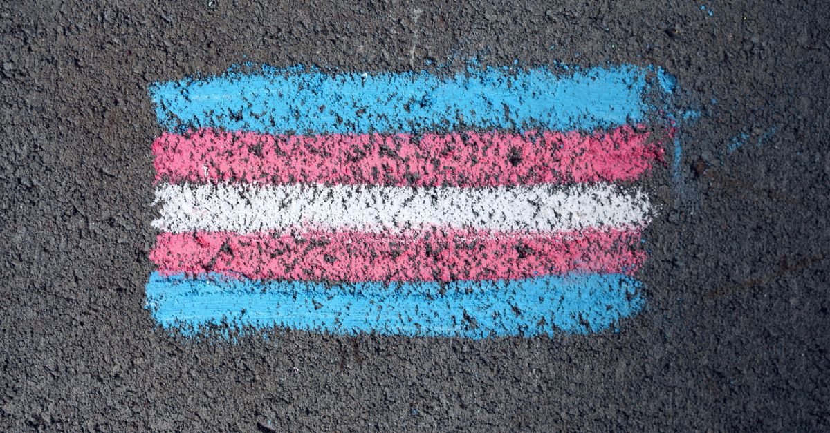 Bandeira trans desenhada com giz em um calçamento