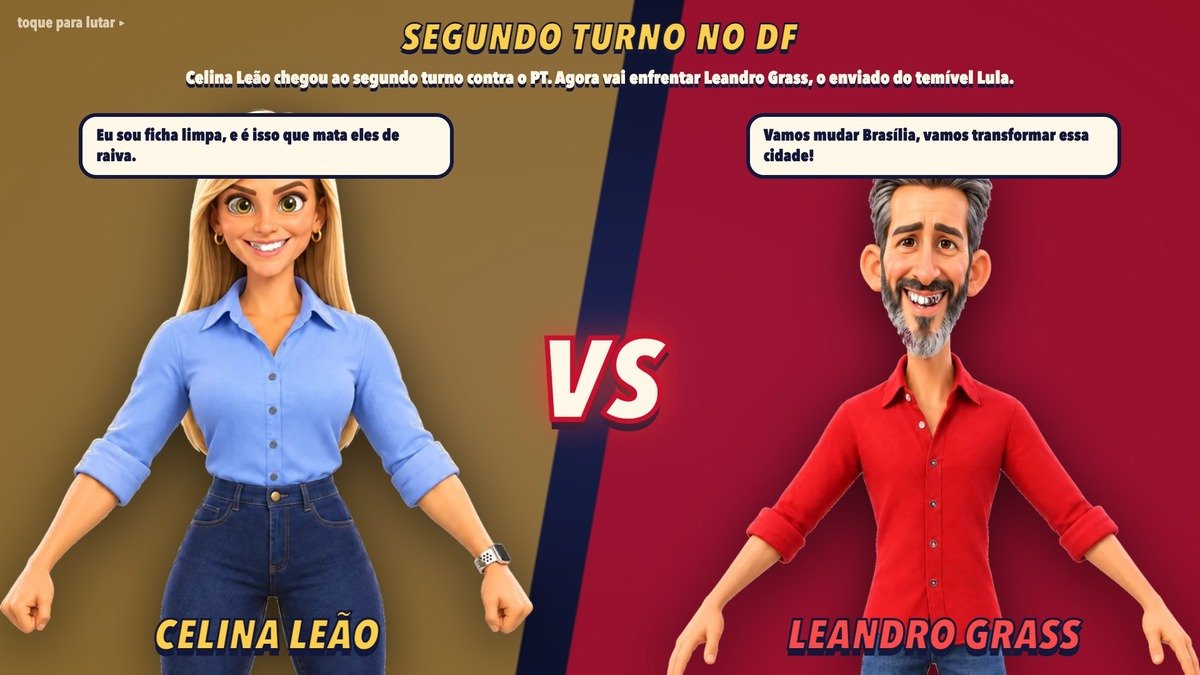 Arte do jogo Vota Brasília com caricaturas de Celina Leão e Leandro Grass frente a frente, com Lula e Flávio Bolsonaro ao fundo